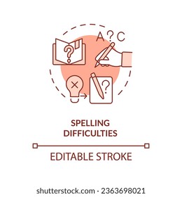 2D editable red icon spelling difficulties concept, simple isolated vector, dyslexia thin line illustration.