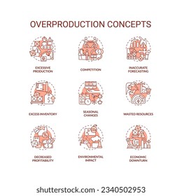 2D editable red icons set representing overproduction concepts, isolated vector, thin line colorful illustration.