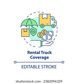 2D editable rental truck coverage icon representing moving service, simple isolated vector, multicolor thin line illustration.