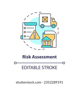 Concepto de icono de línea delgada de evaluación de riesgos editable en 2D, vector aislado, ilustración multicolor que representa la gestión de proveedores.