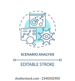 2D editable scenario analysis blue thin line icon concept, isolated vector, illustration representing overproduction.