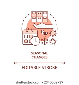 2D editable cambia estacional el concepto de icono de línea delgada roja, vector aislado, ilustración que representa sobreproducción.
