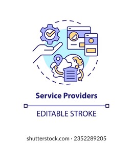 2D editable service providers thin line icon concept, isolated vector, multicolor illustration representing vendor management.