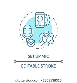 2D editable set up mic thin line blue icon concept, isolated vector, illustration representing voice assistant.