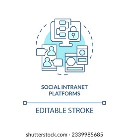 2D editable social intranet platforms thin line blue icon concept, isolated vector, monochromatic illustration representing knowledge management.