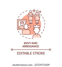 Diseño de envidia y arrogancia de iconos de línea delgada editable en 2D, vector aislado monocromático, ilustración roja que representa relación codependiente.