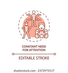 2D editable thin line icon constant need for attention concept, monochromatic isolated vector, red illustration representing codependent relationship.