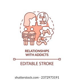 2D editable thin line icon relationships with addicts concept, monochromatic isolated vector, red illustration representing codependent relationship.