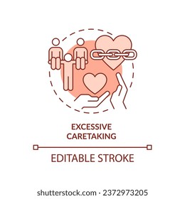 2D editable thin line icon excessive caretaking concept, monochromatic isolated vector, red illustration representing codependent relationship.