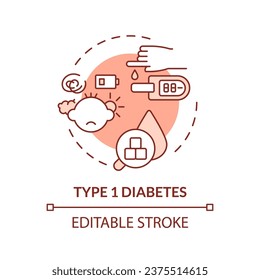 Icono de línea delgada editable 2D, concepto de diabetes tipo 1, vector monocromático aislado, ilustración roja que representa a los niños con problemas de salud.