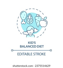 2D editable thin line icon kids balanced diet concept, isolated monochromatic vector, blue illustration representing parenting children with health issues.