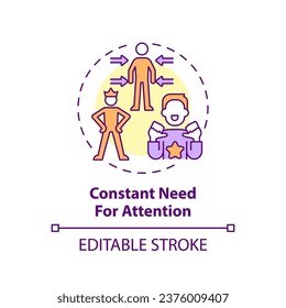 2D editable thin line icon constant need for attention concept, isolated vector, multicolor illustration representing codependent relationship.