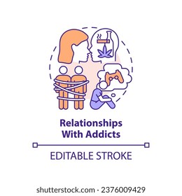 2D editable thin line icon relationships with addicts concept, isolated vector, multicolor illustration representing codependent relationship.
