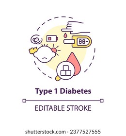 Icono de línea delgada editable 2D, concepto de diabetes tipo 1, vector simple aislado, ilustración multicolor que representa a los niños con problemas de salud.