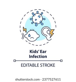 2D bearbeitbare dünne Linie Ikone Ohrinfektionskonzept, einzelne einfache Vektorgrafik, mehrfarbige Abbildung, die Eltern Kinder mit gesundheitlichen Problemen darstellt.