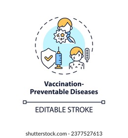 2D bearbeitbare Thin-line-Icon-Impfung vermeidbare Krankheiten Konzept, einzelne einfache Vektorgrafik, mehrfarbige Illustration repräsentieren elterliche Kinder mit gesundheitlichen Problemen.