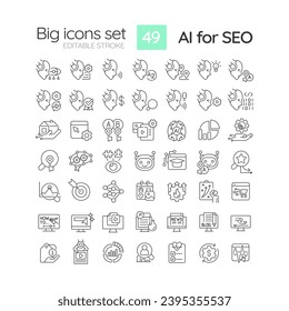 2D editable thin line icons set representing AI for SEO, isolated vector, linear illustration.