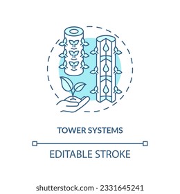 2D editable tower systems icon representing vertical farming and hydroponics concept, isolated vector, thin line illustration.