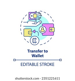 2D editable transfer to wallet thin line icon concept, isolated vector, multicolor illustration representing digital currency.