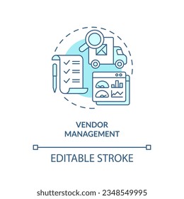 2D bearbeitbare Händlermanagement dünne Linie Symbol Konzept, einzelne Vektorgrafik, blaue Illustration.