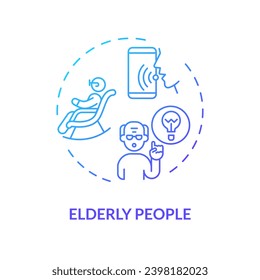2D elderly people thin line gradient icon concept, isolated vector, blue illustration representing voice assistant.