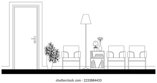 Gráficos de elevación 2D de la sala de espera. Hay algunas sillas de espera y un mobiliario sencillo cerca de la puerta. Dibujo en blanco y negro con CAD.