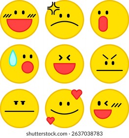 2d emoji set, emojis representing different emotions, yellow emojis communicating on social media, vector illustrations separated from white backgrounds
