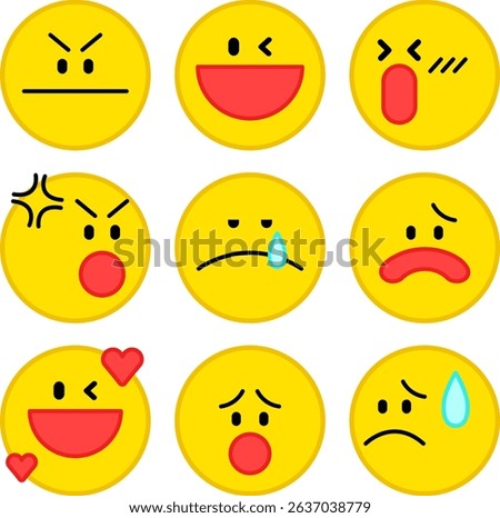 2d emoji set, emojis representing different emotions, yellow emojis communicating on social media, vector illustrations separated from white backgrounds