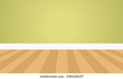 2D Empty room in green color Front View, Green Wall with wooden brown floor