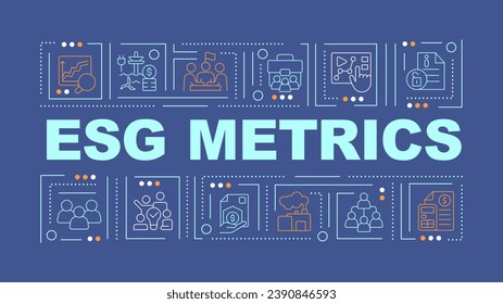 2D ESG metrics text with various thin line icons concept on dark blue monochromatic background, editable 2D vector illustration.