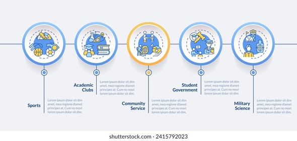 2D extracurricular activities vector infographics template with multicolor simple linear icons concept, data visualization with 5 steps, process timeline chart.