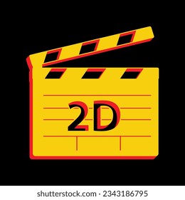 2D Filmzeichen. 3D-extrudiertes gelbes Symbol mit roten Seiten auf schwarzem Hintergrund. Illustration.