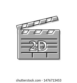 2D film sign. Black line icon with gray shifted flat filled icon on white background. Illustration.