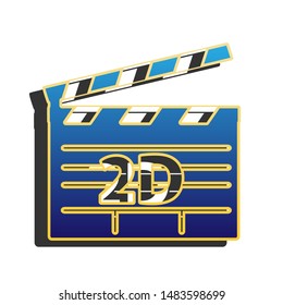 2D film sign. Blue icon with gold contour with dark gray shadow at white background. Illustration.