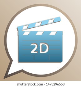 2D film sign. Bright cerulean icon in white speech balloon at pale taupe background. Illustration.