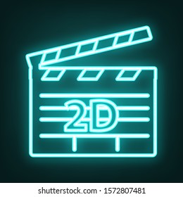 2D film sign. Cyan neon icon in the dark. Bluring. Luminescence. Illustration.