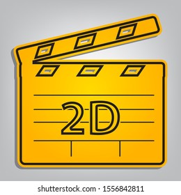 2D film sign. Flat orange icon with overlapping linear black icon with gray shadow at whitish background. Illustration.