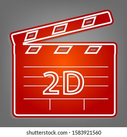 2D film sign. Flat red icon with linear white icon with gray shadow at grayish background. Illustration.