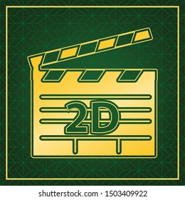 2D film sign. Golden icon with gold contour at dark green gridded white background. Illustration.