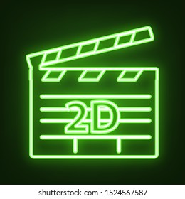 2D film sign. Green neon icon in the dark. Blurred lightening. Illustration.