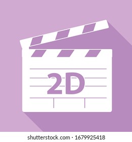 2D Filmzeichen. Weißes Symbol mit langem Schatten auf violettem Hintergrund. Illustration.