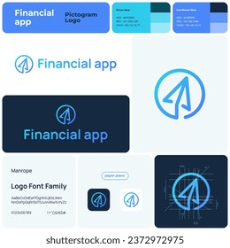 2D financial app blue line business logo with brand name. Paper plane icon. Creative design element and visual identity. Editable template with manrope font. Suitable for finance app, investment app.