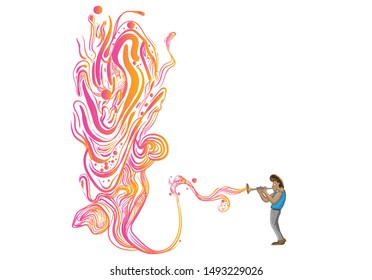 2D flat, Abstract fantasy character, Vector design play music is dynamic of liquid shape, creative illustration cute cartoon object on white background, Happy fantasy conceptual.