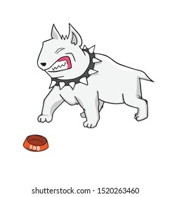 2D flat, Abstract kawaii character, Vector design Dog is angry and hungry with feed pet bowl, creative illustration cute cartoon object on white background, Cute & Kawaii conceptual.