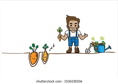 2D flat, Abstract kawaii character, Vector design farmer is showing agricultural produce, creative illustration cute cartoon object on white background, Healthy organic farm conceptual.