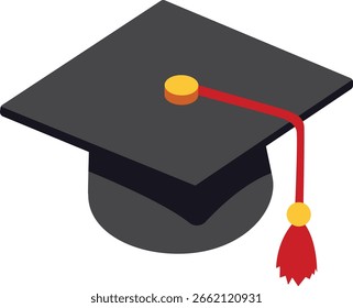 2d Chapéu de graduação preto plano com borla vermelha. Perfeito para cartões de formatura, realizações escolares ou visuais de celebração educacional.