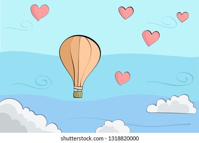 2D flat cartoon drawing paint hot air balloon floating in clear sky with love heart - vector