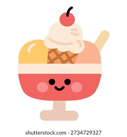 2D flat cute smiling ice cream sundae in bowl with cherry topping kawaii cartoon dessert illustration isolated on white background for kids design and food branding