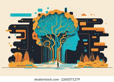  2D flat illustration, AI, analysis, AI, automation, big data, brain, business, cg, cloud computing, communication, computer graphics, concept, creative, cyber, Trendy vector style ,Flat 