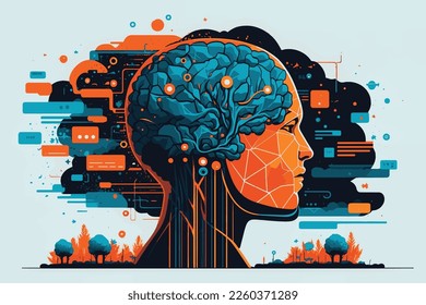  2D flat illustration, AI, analysis, AI, automation, big data, brain, business, cg, cloud computing, communication, computer graphics, concept, creative, cyber, Trendy vector style ,Flat 